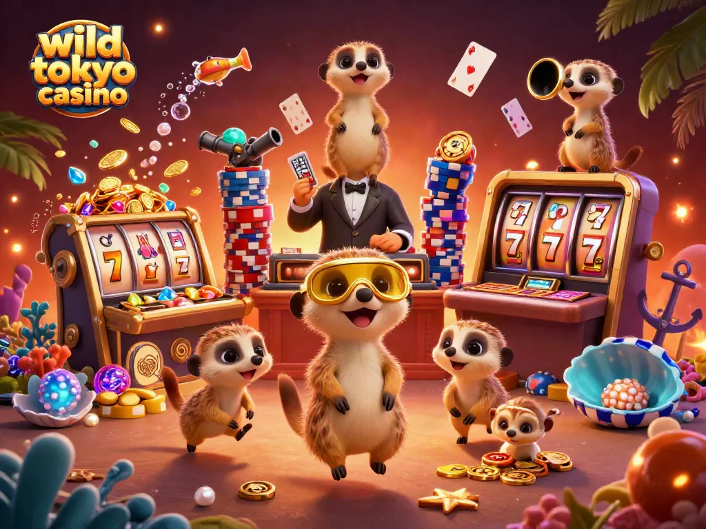 Experience the excitement of wild tokyo casino with cartoon meerkats at a vibrant gaming scene.