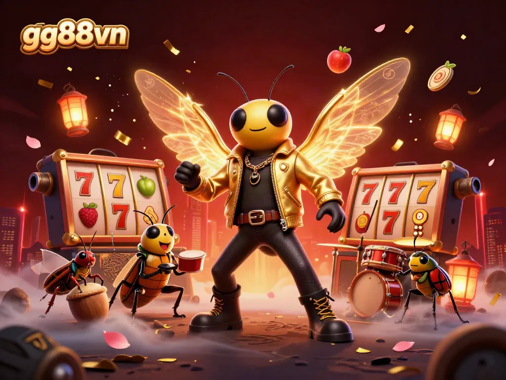 Experience thrilling gameplay at gg88vn with a 3D illustration featuring slot machines, bright colors, and casino elements.