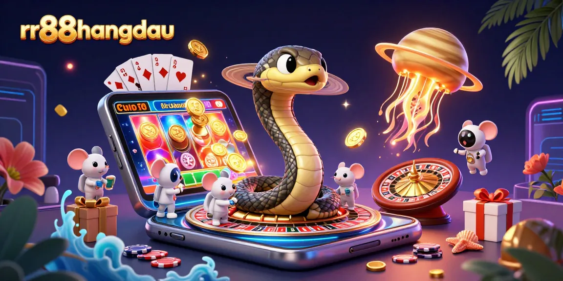 Experience the excitement at rr88hangdau with astronaut mice betting on a roulette wheel in a cosmic casino scene.