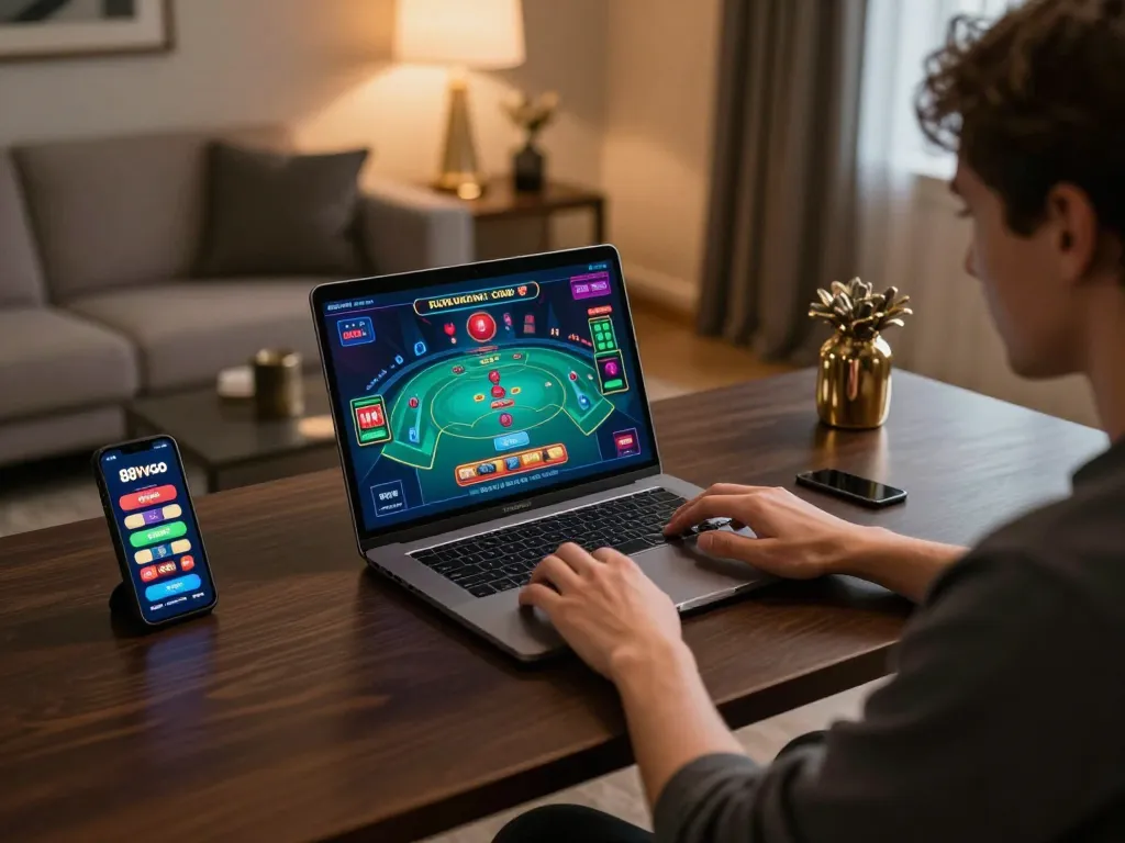 Player enjoying live dealer games on 88vvgo from a stylish home setup, showcasing exciting online casino experience.