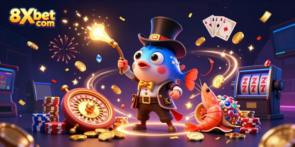 Engage with 8Xbet com through vibrant casino elements featuring a whimsical anglerfish attracting coins, celebrating a winning atmosphere.