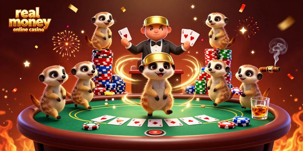 Experience the thrill at a real money online casino with playful meerkats managing an elaborate gaming scene.