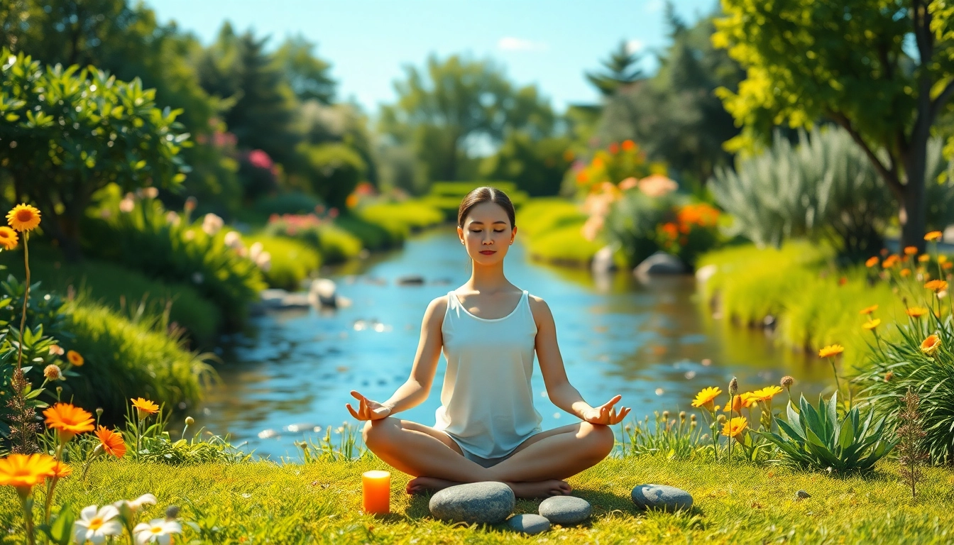 A person meditating in a tranquil garden to reduce stress and anxiety with serene nature surroundings.