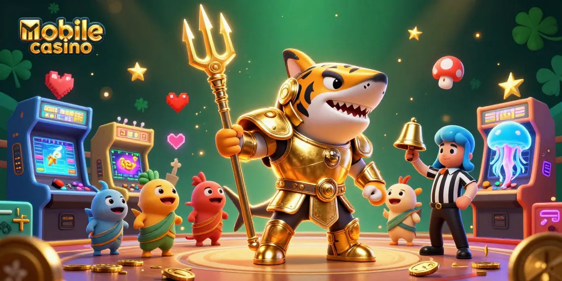 Engage with the exhilarating mobile casino experience featuring a shark gladiator amidst vibrant gaming elements.