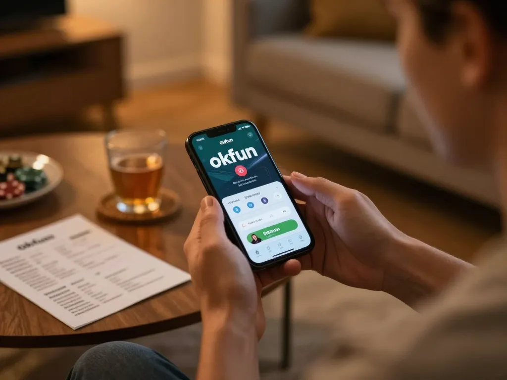 Using the okfun app on a smartphone while relaxing, showing strategic betting notes and a drink.