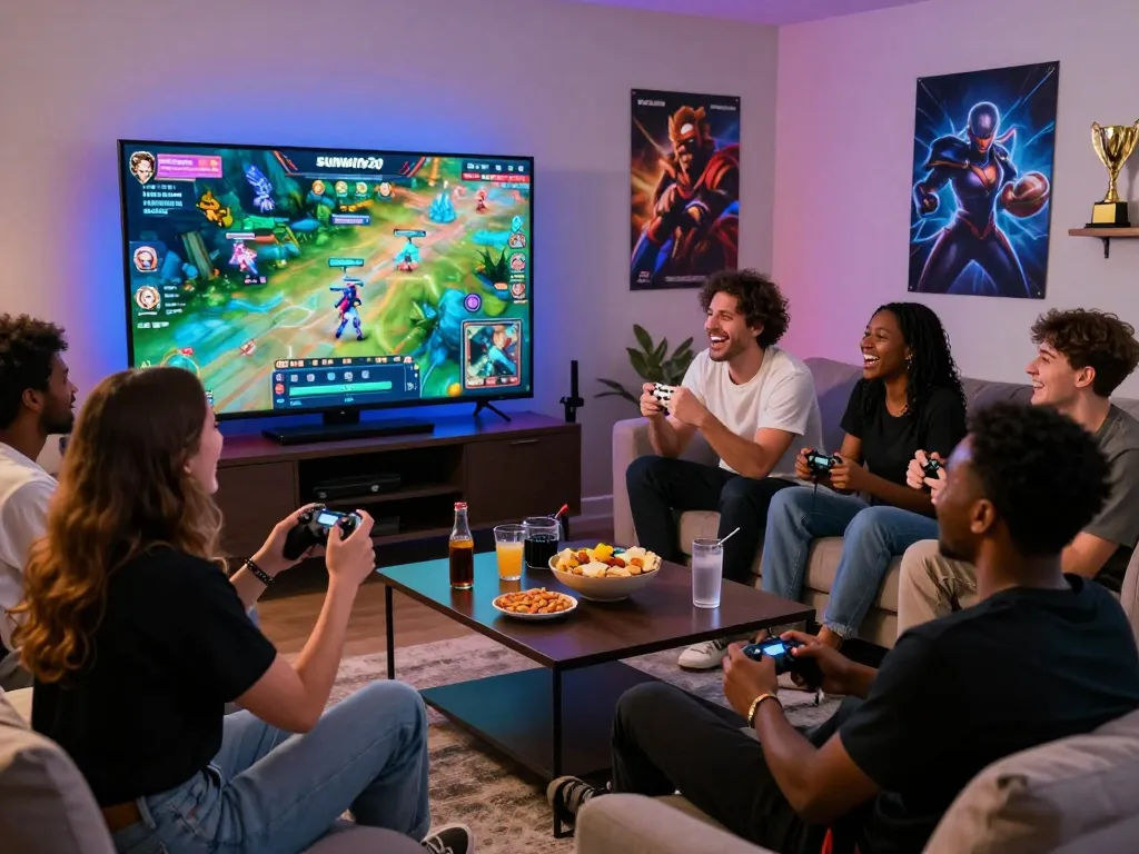 Exciting gaming moment with friends enjoying sunwin20 in a cozy living room.