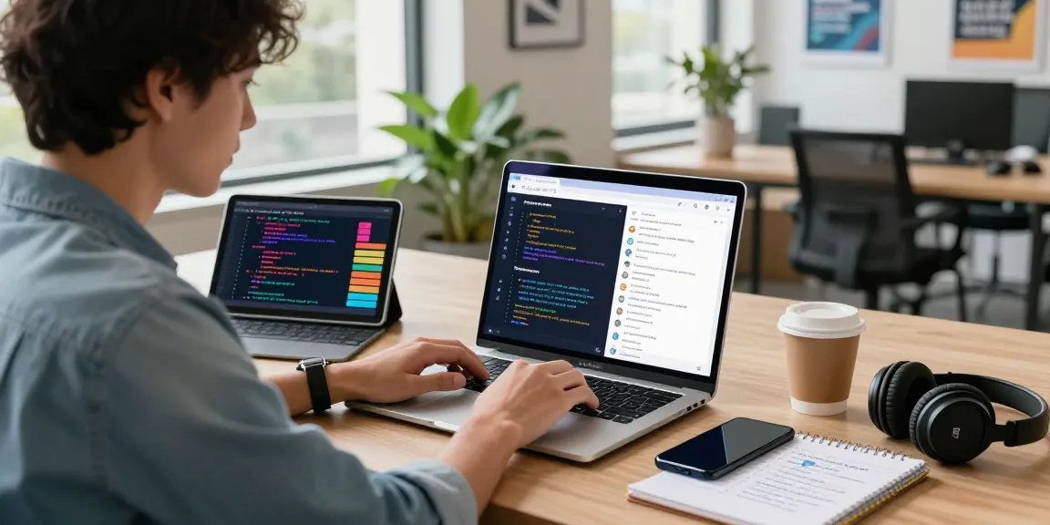 Telegram Download showcased on a modern tech workspace with a professional using the app on a laptop surrounded by gadgets.