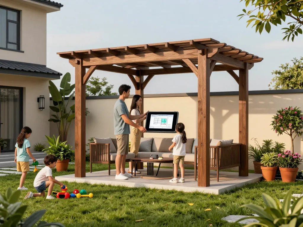 Interactive configuratore 3D per pergole demonstrating a family assembling a custom-designed pergola in a vibrant outdoor setting.