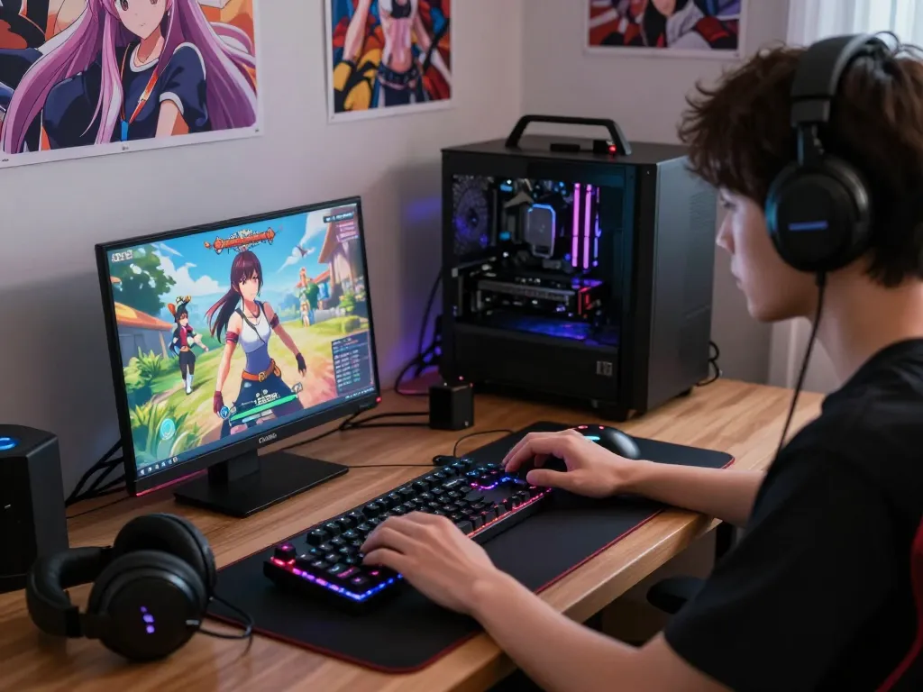 Intense gaming moment showcasing an anime porn game on a laptop with vibrant graphics.