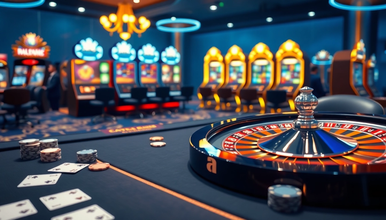 Gambling excitement at nhà cái galaxy6623 featuring elegant casino tables and slot machines.