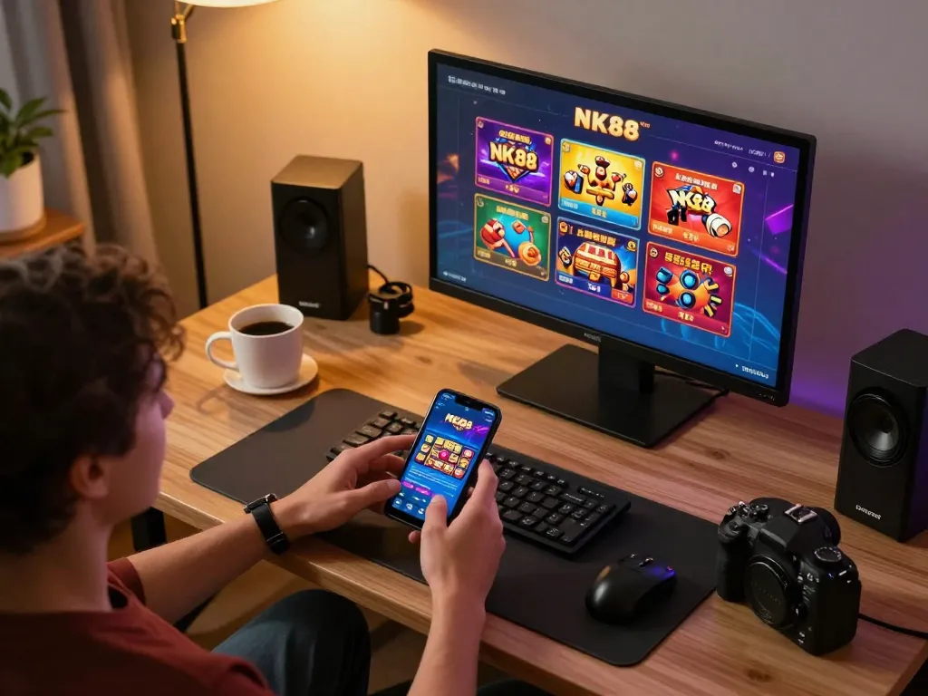 Engaged user exploring NK88 online casino app, showcasing vibrant gameplay dynamics.