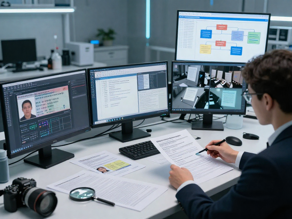 Advanced document fraud detection analysis in a high-tech lab with forensic analyst examining various identification documents.
