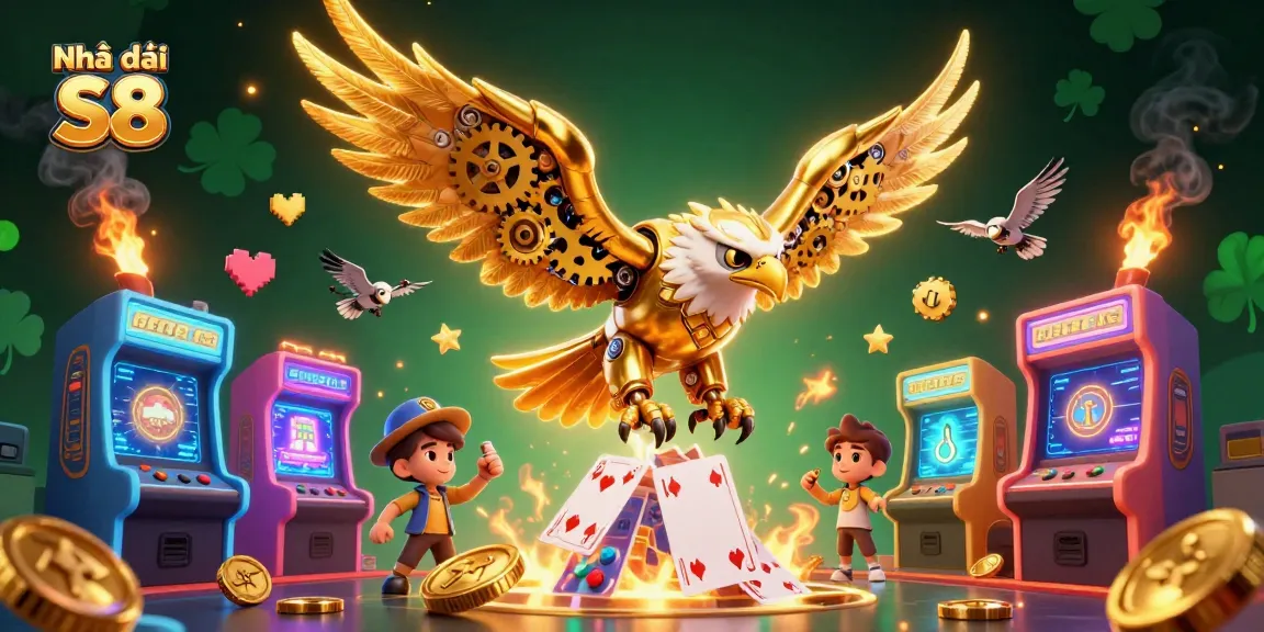 Experience the excitement of Nhà cái S8 with an immersive casino-themed illustration featuring vibrant gaming elements.