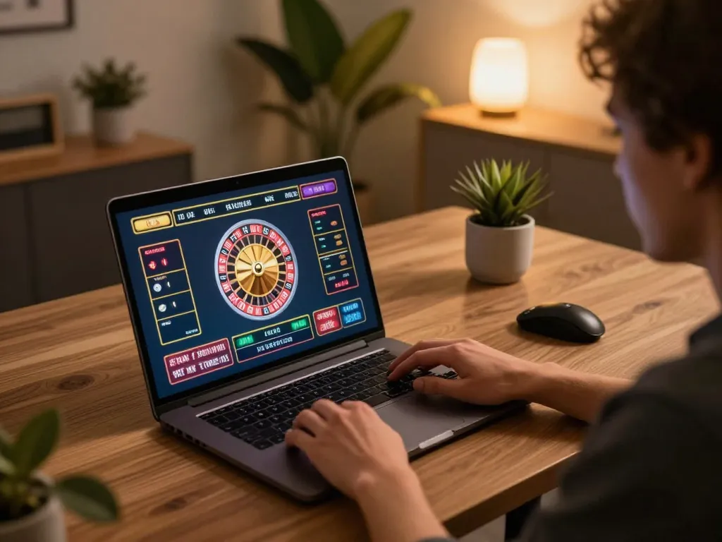 F8BET online gaming session showcasing a vibrant roulette interface and focused player in a cozy modern setting.
