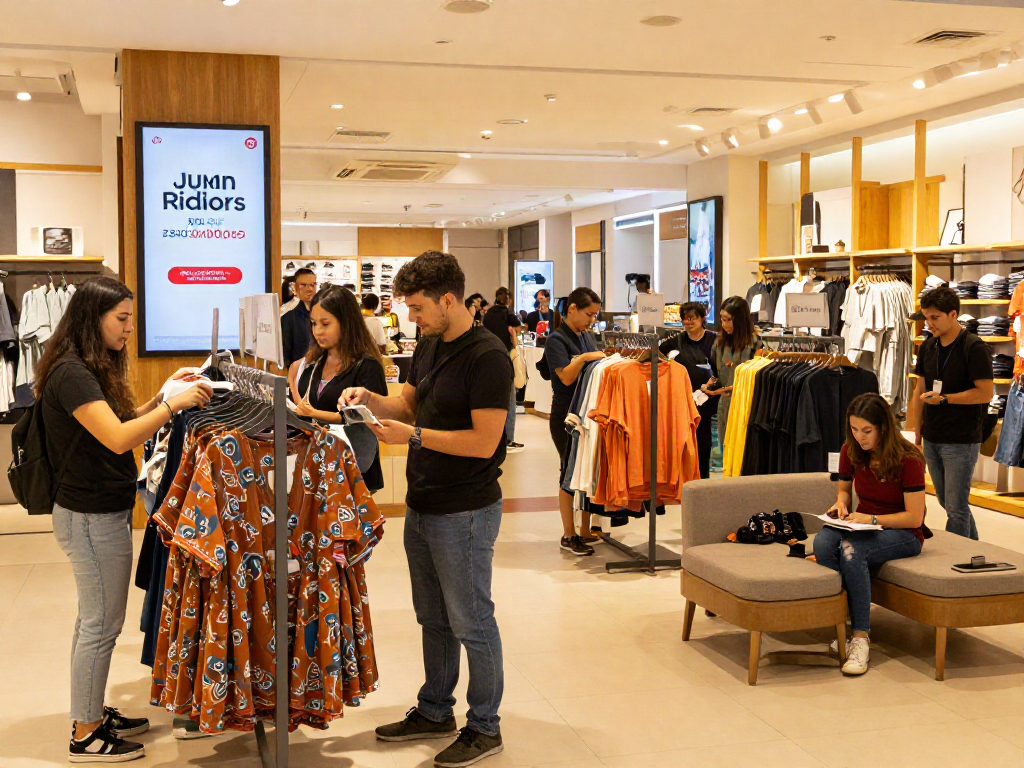 Shopping for rokok88 link alternatif merchandise in a vibrant retail environment, showcasing trendy items and customer interaction.