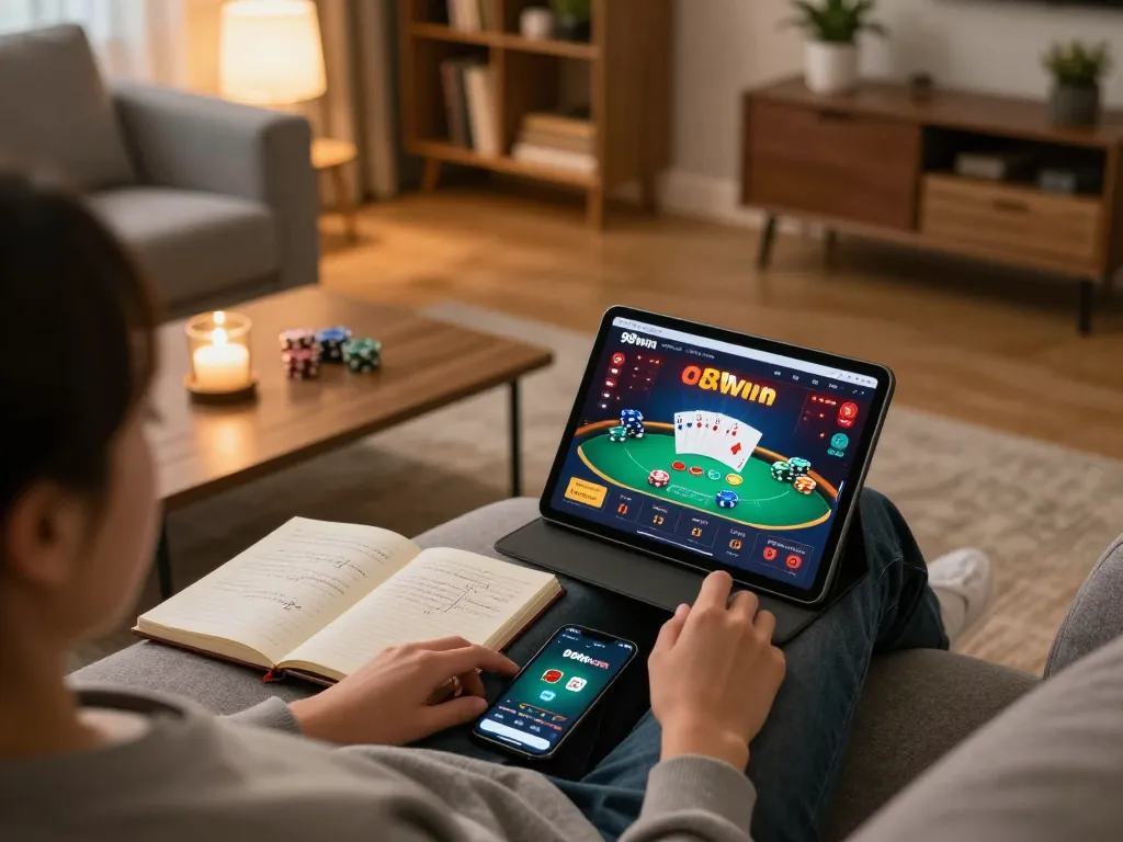 Playing poker on 98win com using a tablet in a cozy home environment.