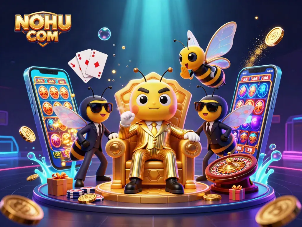 Experience the exciting world of gaming with NOHU COM, featuring a vibrant 3D illustration of characters playing dynamic casino games.