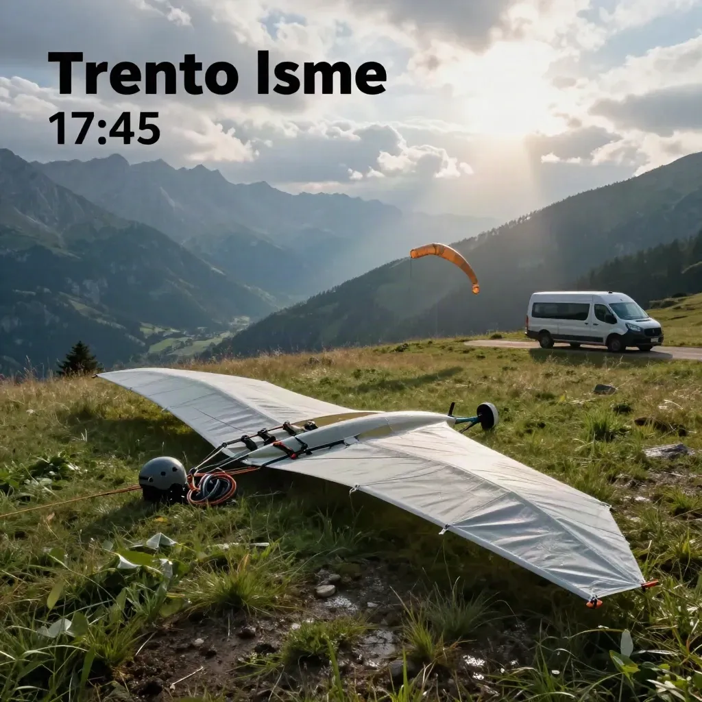 Meadow di decollo a Trentino con vela tandem, attrezzatura e valle dopo la pioggia.