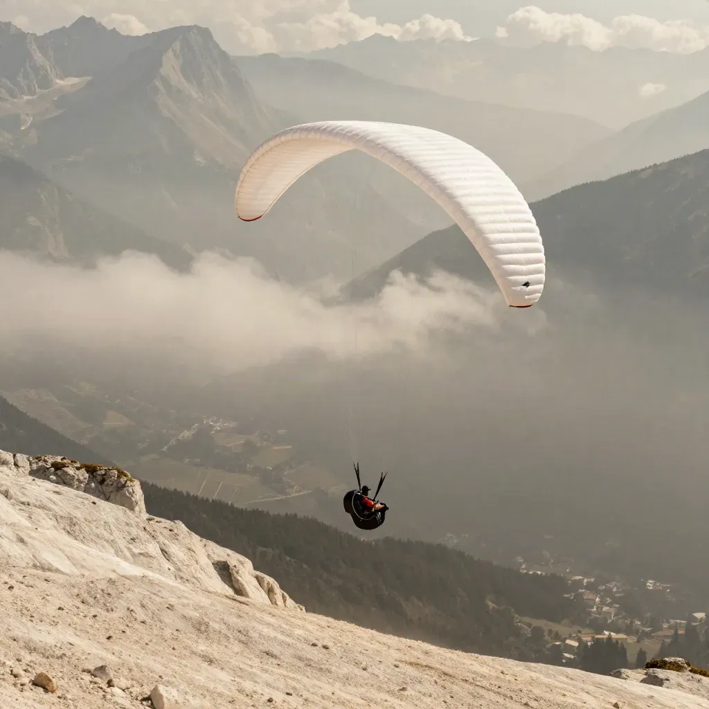 Ala da parapendio bianca che sale in termica sopra Belluno tra nubi cumuliformi e foschia di valle