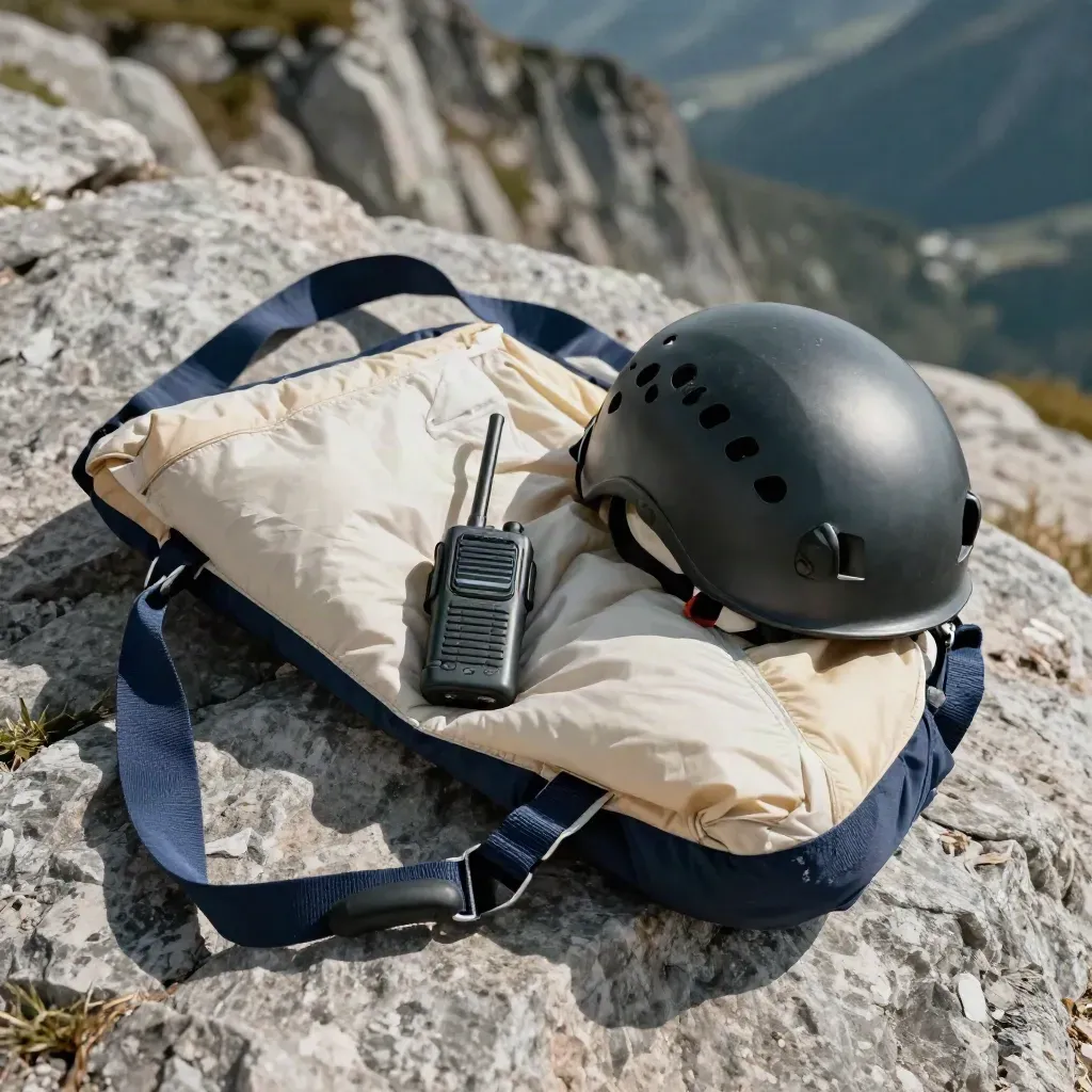 Kit sicurezza parapendio con casco, radio, vela ripiegata e nastro vento su roccia alpina.