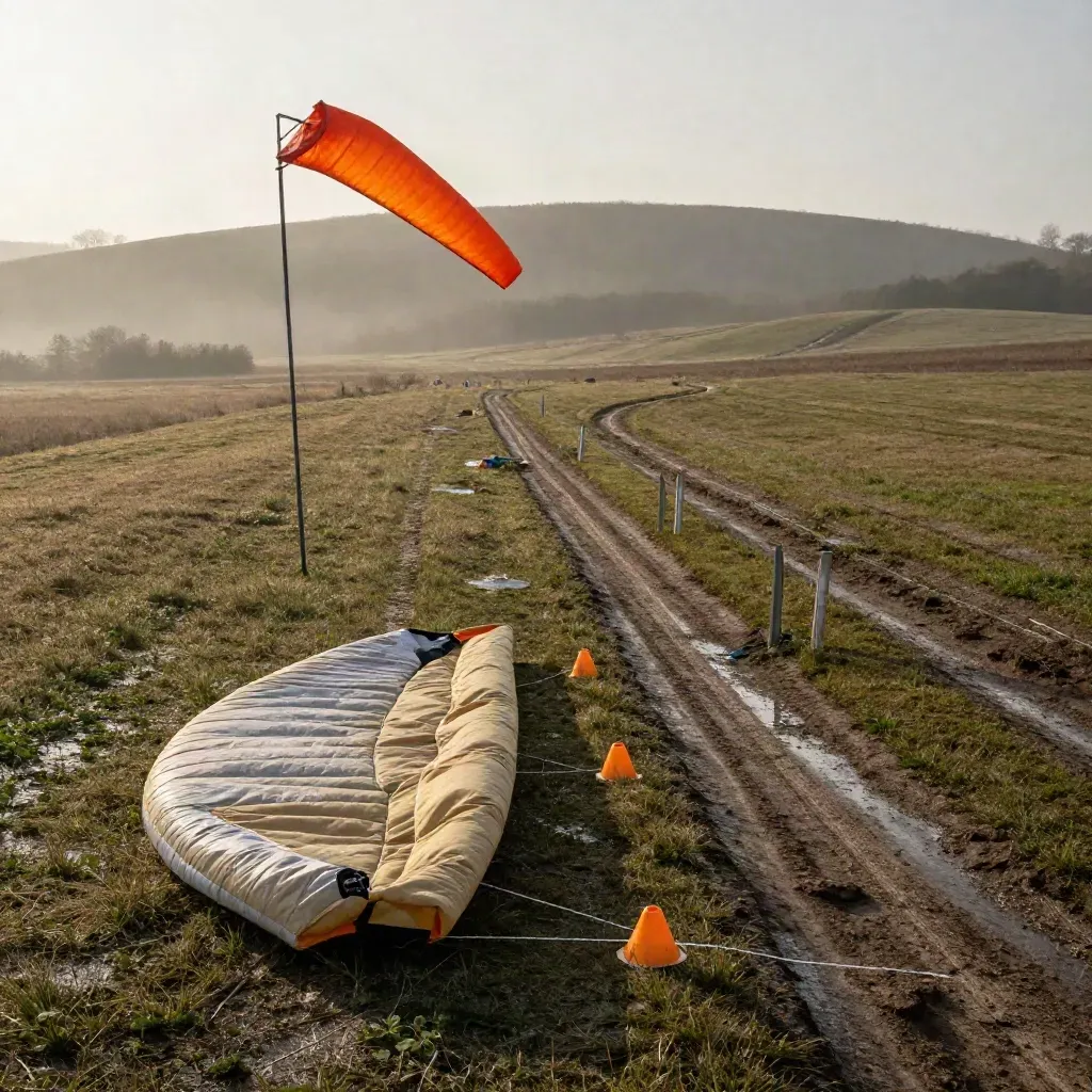Due ali ripiegate e un campo scuola con coni e windsock nella luce del mattino.