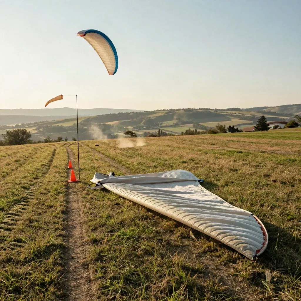 Campo di atterraggio a Rovereto con ali ripiegate, coni e manica a vento al tramonto.