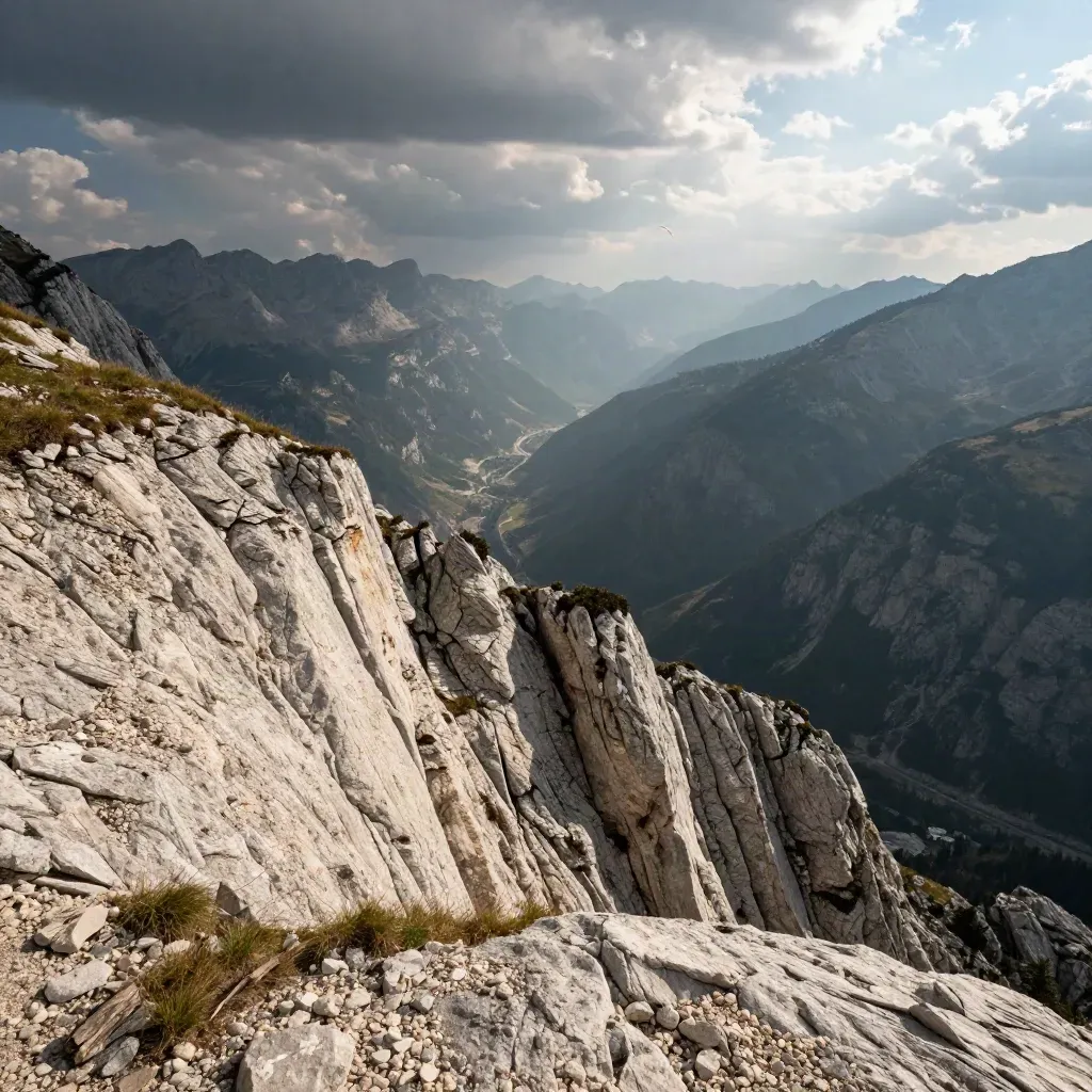 Rilievi di Belluno con un parapendio lontano che sale tra nubi e foschia