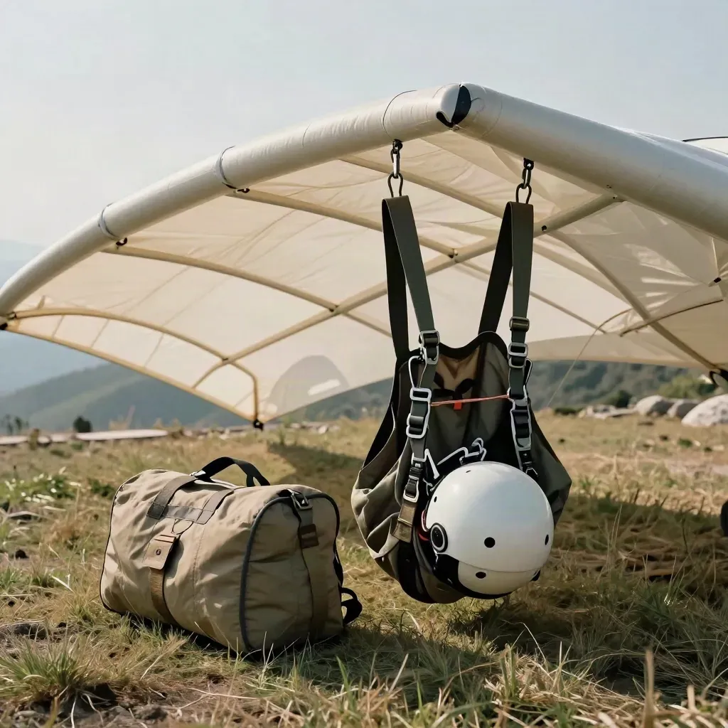 Vela tandem, imbrago, casco e zaino emergenza su terrazza erbosa di montagna