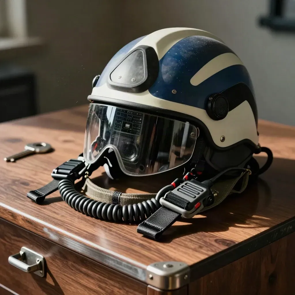 Casco, seduta imbrago, radio e corde freno su banco scuro in officina