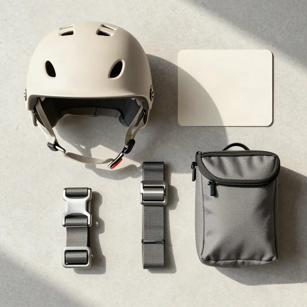 Flatlay di casco tandem, fibbia imbrago e sacca paracadute su cemento chiaro.