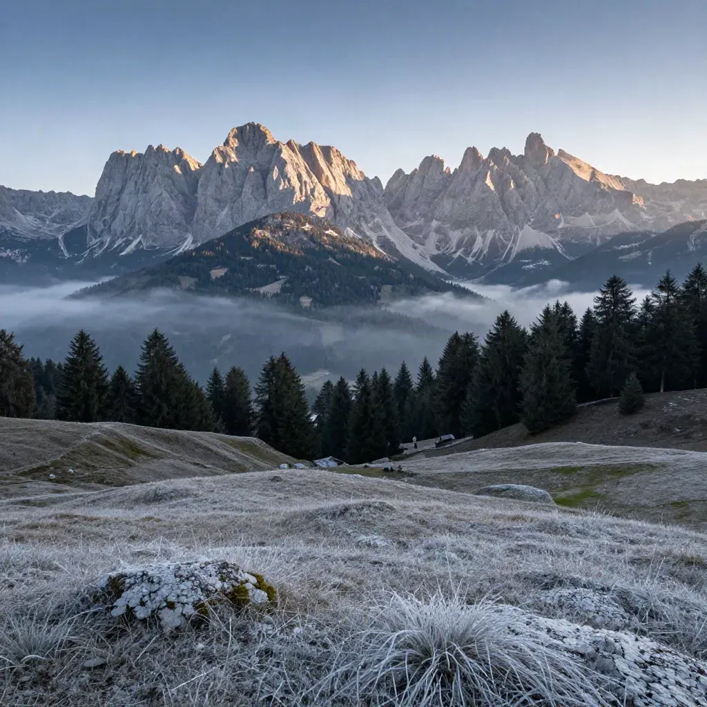 Cime dolomitiche all’alba con nebbia nei valloni e un primo piano calmo per il testo.