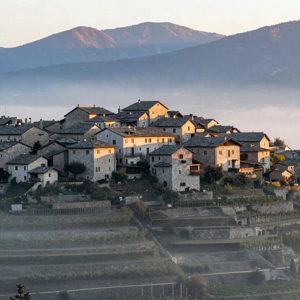 Villaggio veneto in pietra con montagne del Bellunese e terrazze immerse nella foschia dorata.