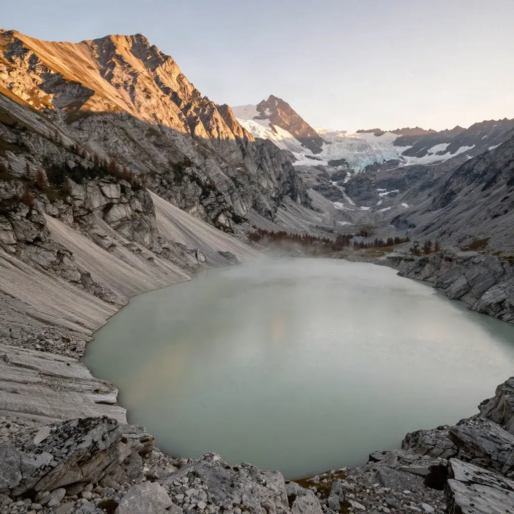 Vista alpina lombarda con lago calmo e cime glaciali al tramonto, atmosfera velata.