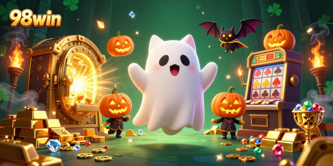Experience thrilling slot action with 98win's friendly ghost cat and vibrant casino elements.