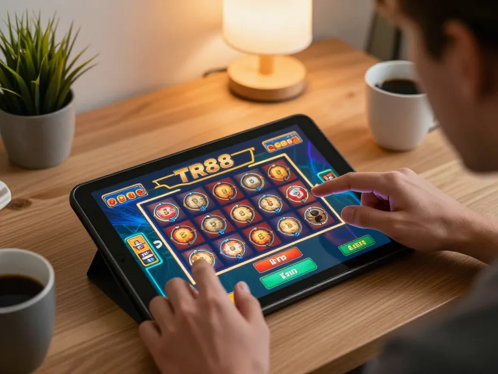 Engaging gameplay on tr88 slots displayed on tablet, captures excitement of online casino