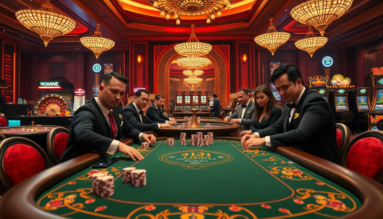 High-stakes poker action at Nhà cái thabet showcasing a vibrant casino atmosphere with professional dealers.