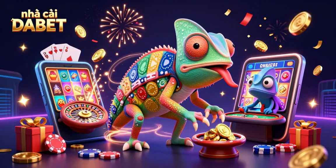 Engage with the vibrant world of nhà cái DABET through a dynamic 3D casino scene featuring colorful slot games and lively gaming elements.