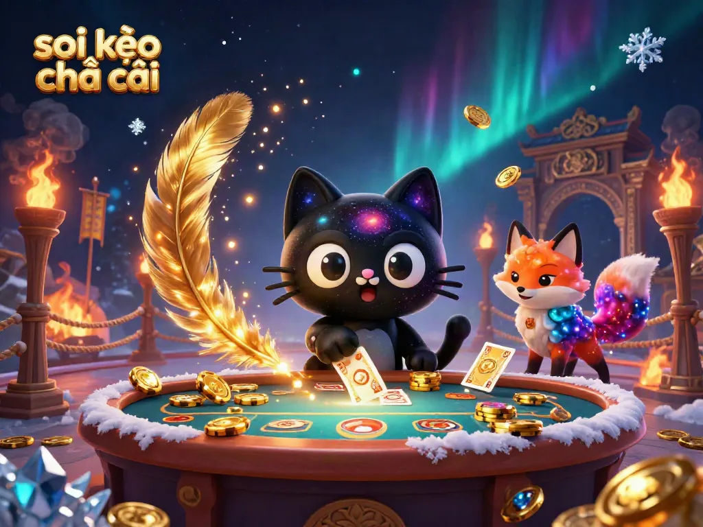 Engage with "soi kèo nhà cái" strategies while a cosmic cat pulls in chips amidst vibrant gambling elements.