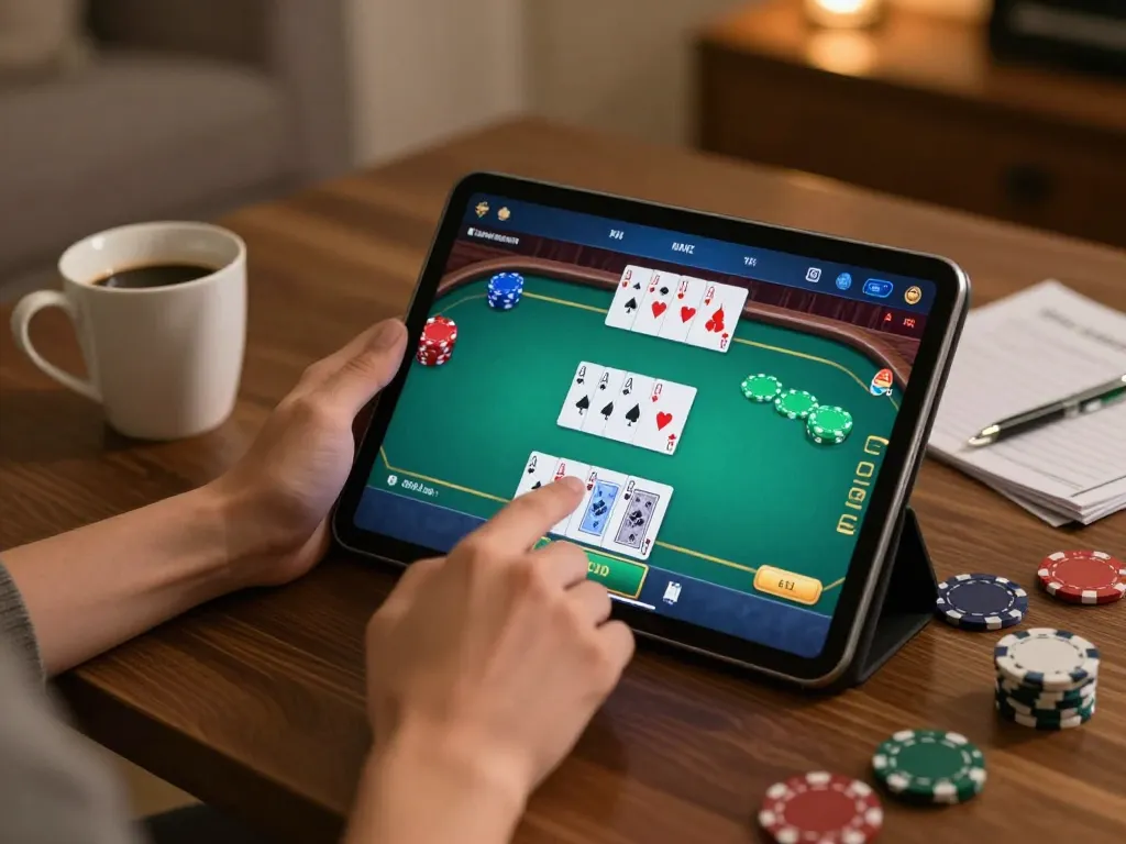 Engaging in a poker game using Link vào Sin88 on a tablet in a cozy home setting.