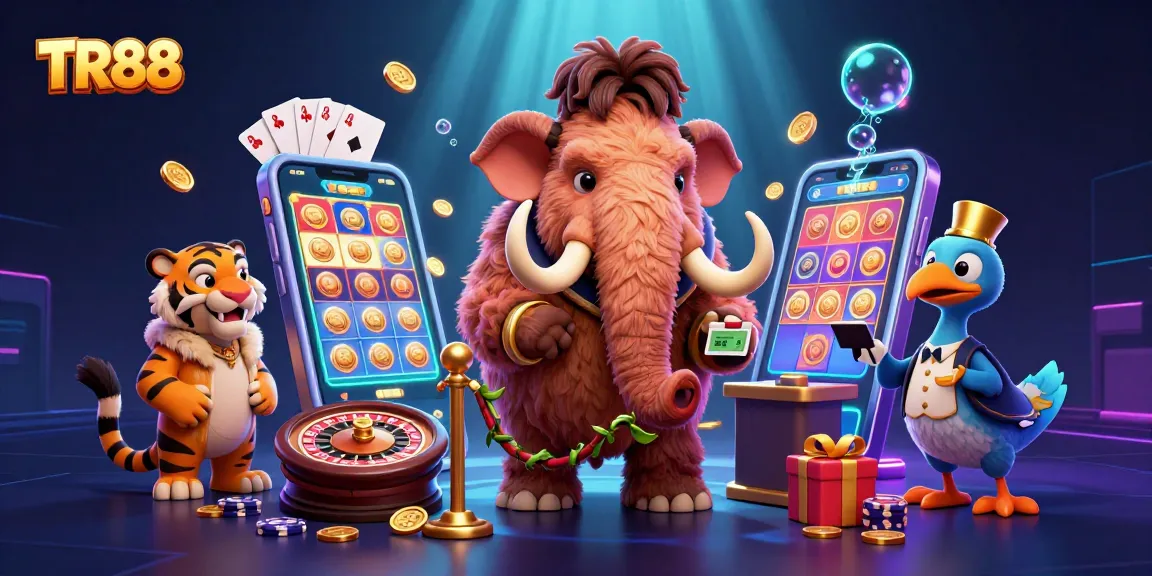 Engage with TR88's vibrant casino world through a whimsical illustration featuring various lively casino characters.
