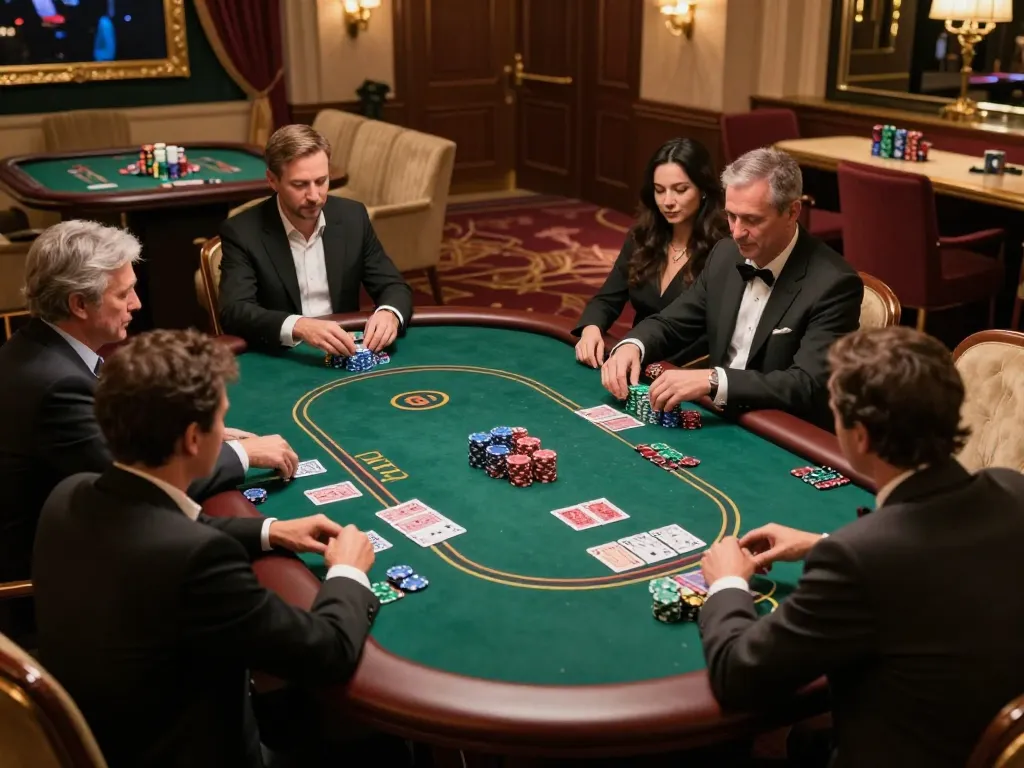 Players engage in an intense game at 98win trang chu in an upscale casino's high-roller room.