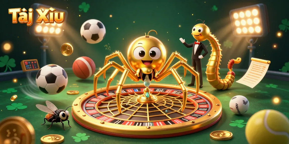 Tài Xỉu themed illustration with a spider, a fly, and a croupier in a vibrant gambling atmosphere.