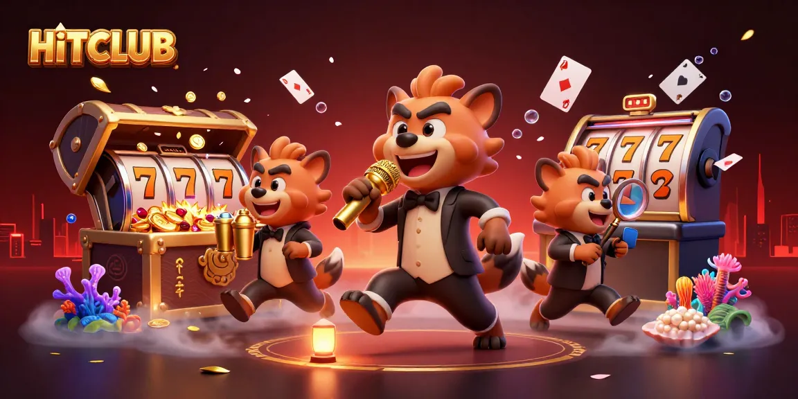 Entertaining scene at HITCLUB featuring hyenas in a casino, stand-up comedy, and mixed drinks.