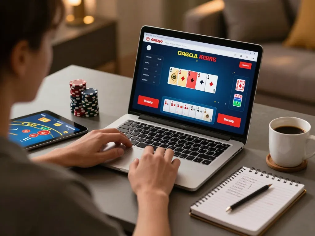 Player using the dagago app for online poker at a cozy home setup, showcasing strategic gameplay.