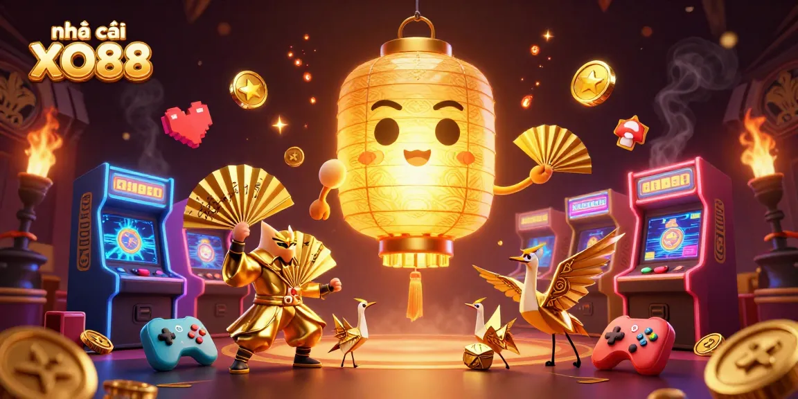 Engage with nhà cái XO88's vibrant gaming world, showcasing the golden lantern spirit amidst dynamic arcade experiences.