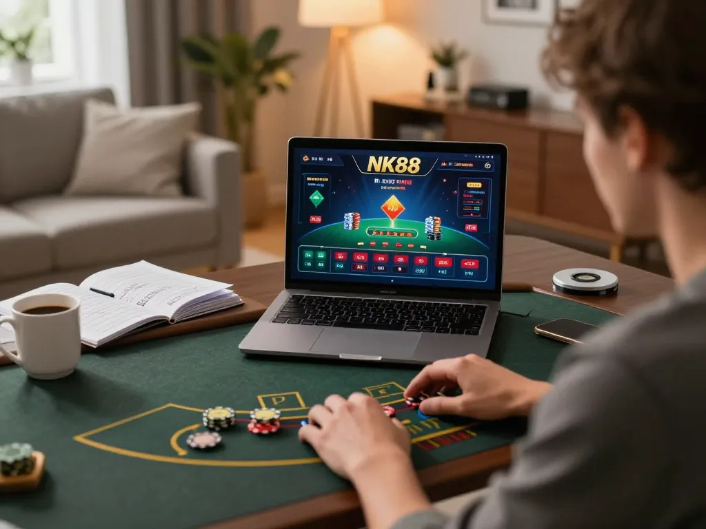 Engage in thrilling online gaming at NK88, experiencing live dealer blackjack on a sleek laptop.