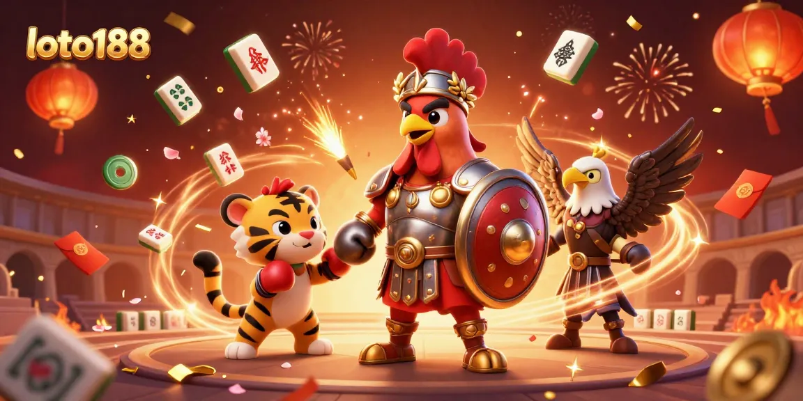 Engage in excitement with loto188 - a vibrant scene featuring a gladiator rooster and sparring tiger cub.