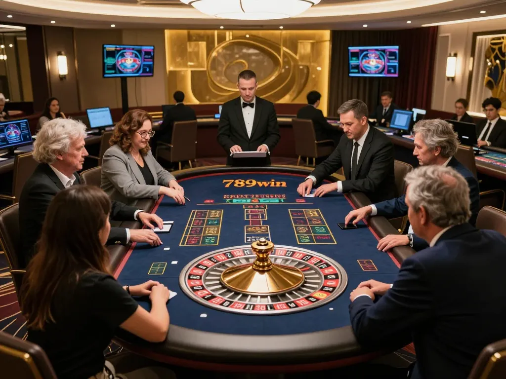 Players engaging with the live dealer at 789win's roulette table, showcasing strategic gameplay and elegant atmosphere