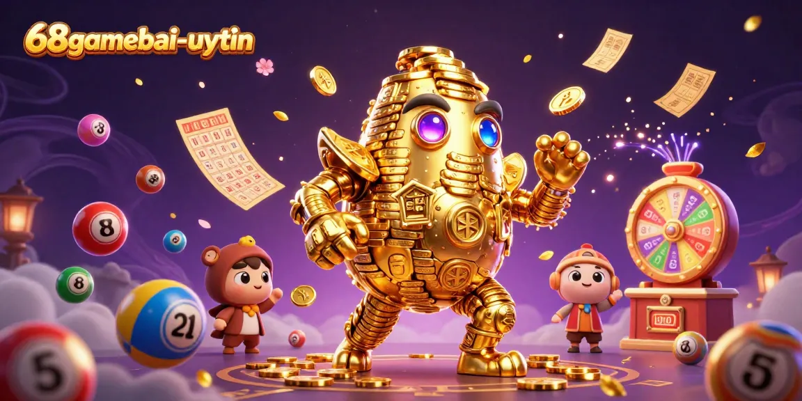 Experience thrilling gameplay at 68gamebai-uytin with vibrant lottery elements and a golden golem.