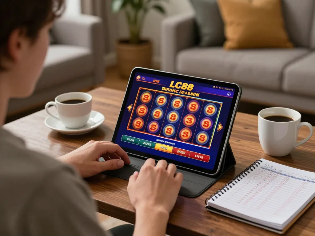 Engaging in online gaming with the LC88 app featuring vibrant slot game action, showcasing responsible gambling.